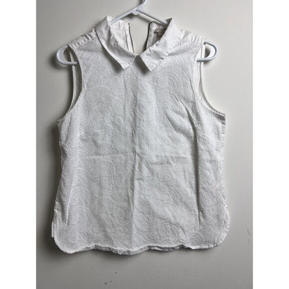 J.‎ Crew Embroidered Blouse Size 8 Eyelet White Collared Paisley Rear back Zip - Picture 1 of 7